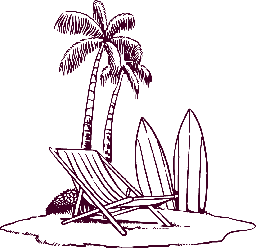 illustration of a lounge chair on a beach with palm trees and surfboards in the background
