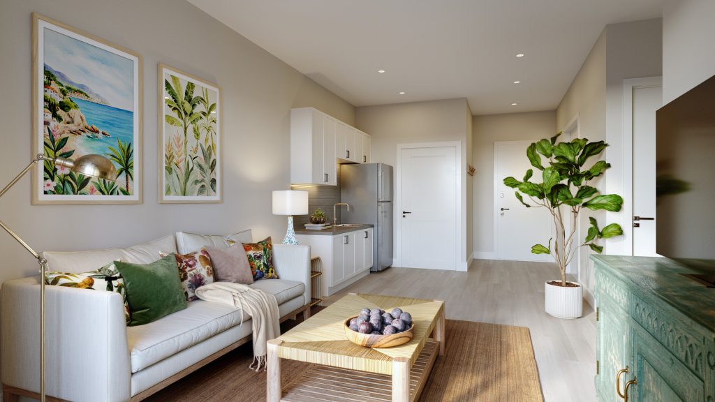 rendering of a residential unit, looking from the balcony door into a furnished living room space, back towards a galley kitchen and the main entrance