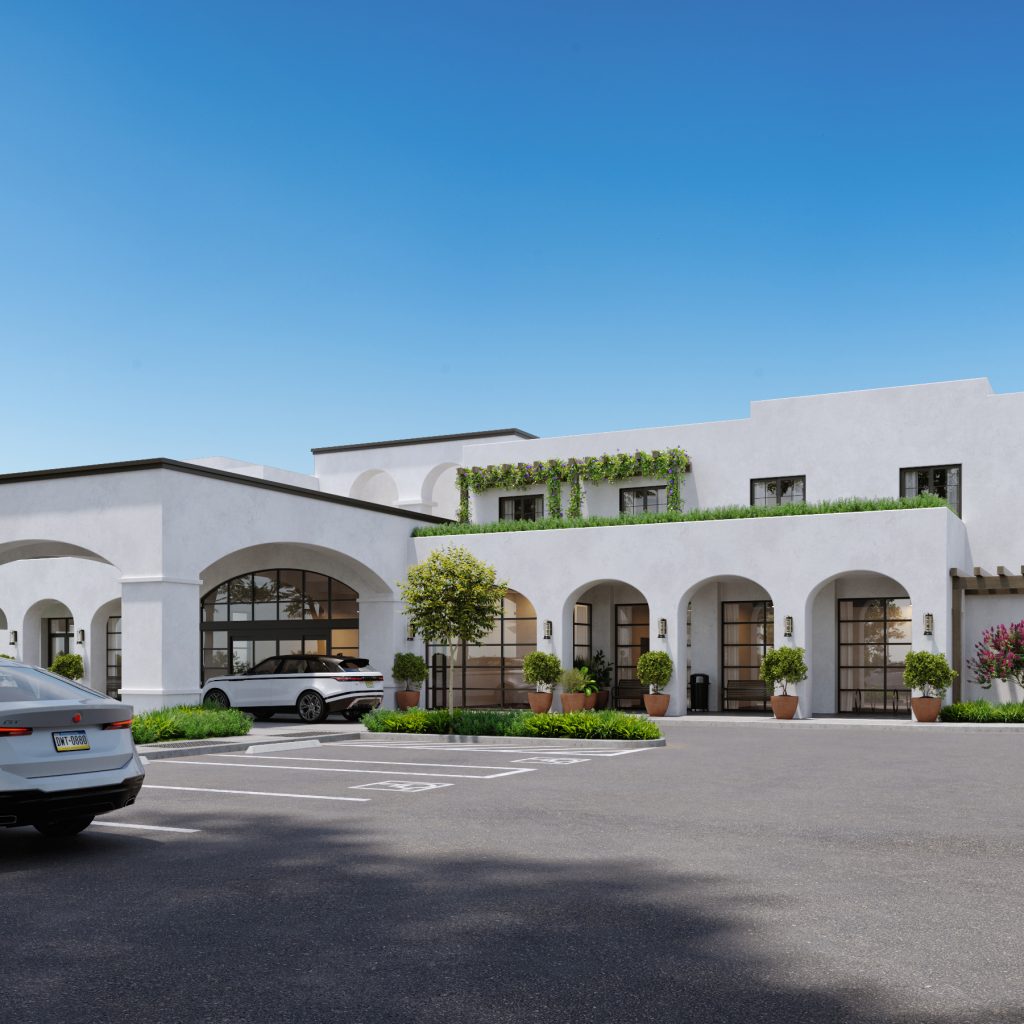 a rendering of Ananta Santa Cruz exterior of the main entrance, with a clear blue sky overhead