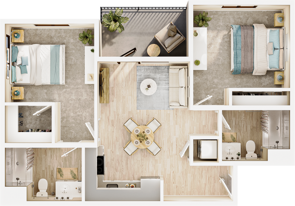 rendering from above of a two-bedroom floor plan, showing kitchen and dining space, a bathroom, and a closet near the entrance to the lower right. one bedroom with a bathroom is to the left; one bedroom is to the right. a living space and balcony are in the middle. the light streams in from outside.