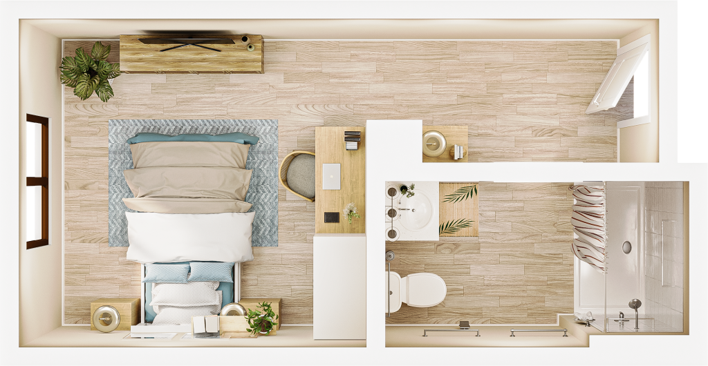 rendering from above of a studio floor plan, showing the bathroom and closet near the entrance to the upper right, with the bedroom space to the left. the light streams in from outside.