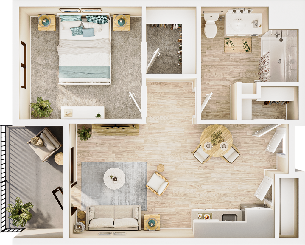 rendering from above of a one-bedroom floor plan, showing kitchen and dining space and a closet near the entrance at right. the bedroom is toward the upper left and bathroom to the upper right. a living space and balcony are in the lower left. the light streams in from outside.