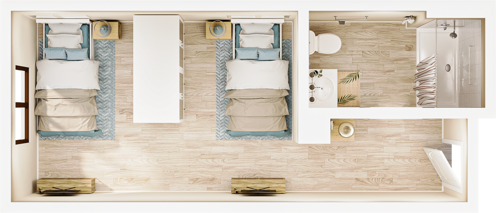 rendering from above of a shared studio floor plan, showing two twin beds separated by furniture at left, and a bathroom at right near the entrance at the lower right. the light streams in from outside.