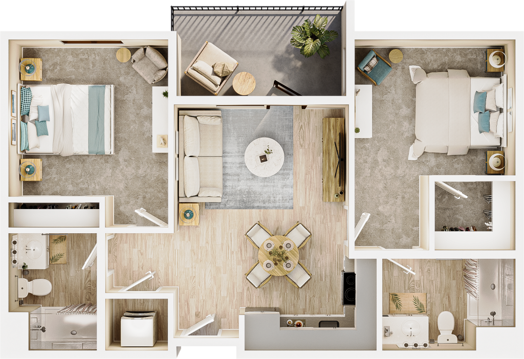 rendering from above of a two-bedroom floor plan, showing kitchen and dining space, a bathroom, and a closet near the entrance at bottom center. one bedroom with a bathroom is to the right; one bedroom is to the left. a living space and balcony are in the middle. the light streams in from outside.