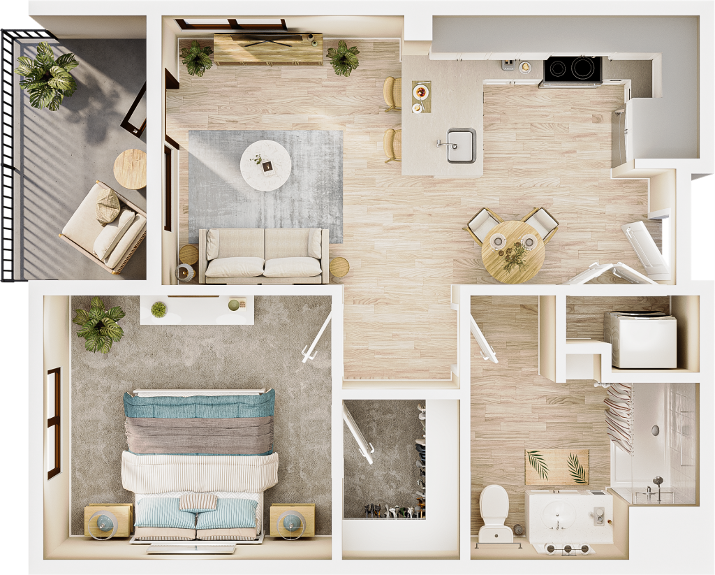 rendering from above of a one-bedroom floor plan, showing kitchen and dining space, a bathroom, and a closet near the entrance at right. the bedroom is to the lower left. a living space and balcony are in upper left. the light streams in from outside.