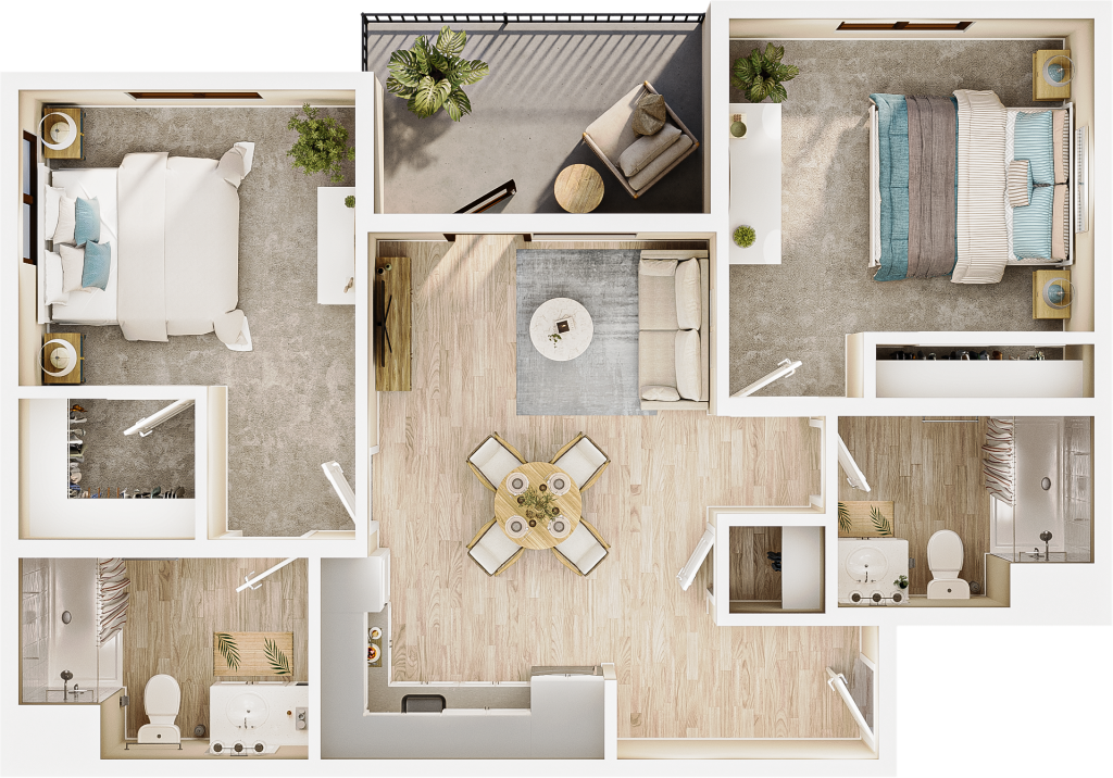 rendering from above of a two-bedroom floor plan, showing kitchen and dining space, a bathroom, and a closet near the entrance at bottom right. one bedroom with a bathroom is to the right; one bedroom is to the left. a living space and balcony are in the middle. the light streams in from outside.
