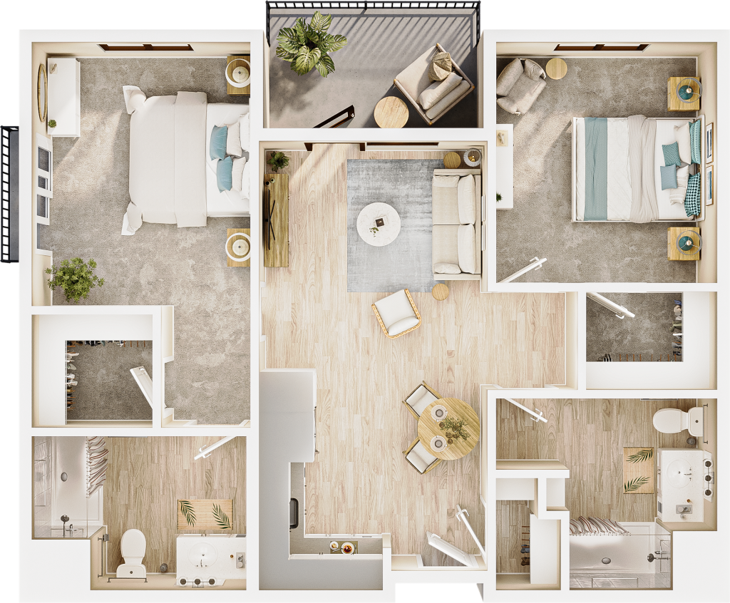 rendering from above of a two-bedroom floor plan, showing kitchen and dining space, a bathroom, and a closet near the entrance at bottom center. one bedroom with a bathroom is to the left; one bedroom is to the right. a living space and balcony are in the middle. the light streams in from outside.