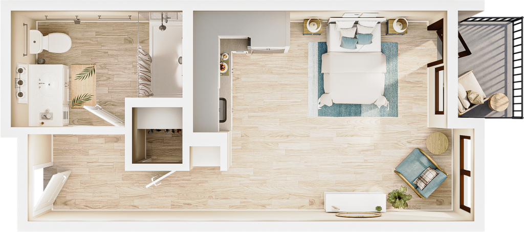 rendering from above of a studio floor plan, showing the bathroom and closet near the entrance at the lower left, galley kitchen facing the bedroom space and exterior window and door, and small outdoor balcony. the light streams in from outside.