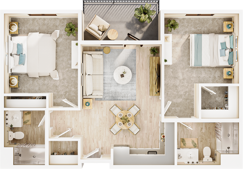 rendering from above of a two-bedroom floor plan, showing kitchen and dining space, a bathroom, and a closet near the entrance at the bottom center. one bedroom with a bathroom is to the right; one bedroom is to the left. a living space and balcony are in the middle. the light streams in from outside.