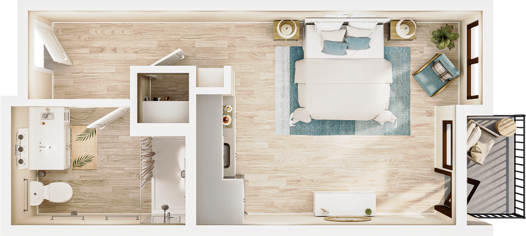 rendering from above of a studio floor plan, showing the bathroom and closet near the entrance to the upper left, galley kitchen facing the bedroom space and exterior window and door, and small outdoor balcony. the light streams in from outside.