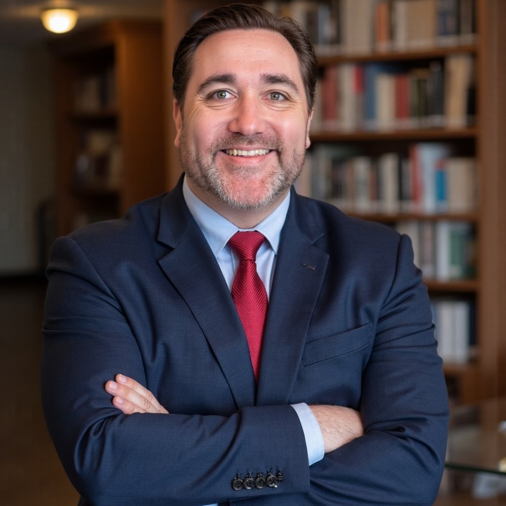 photo of Jason Reyes, wearing a dark blue suit, light blue collared shirt, and red tie. Jason has brown hair combed to the side and back, a short salt-and-pepper beard, and he is smiling with his arms folded in front of him.